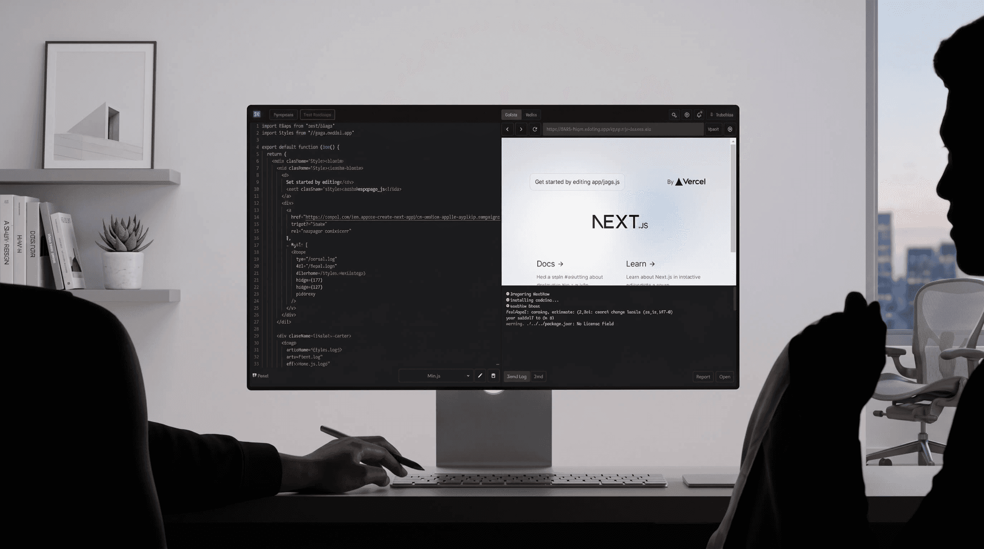 Editor di codice con anteprima live di un progetto Next.js su monitor, durante lo sviluppo.